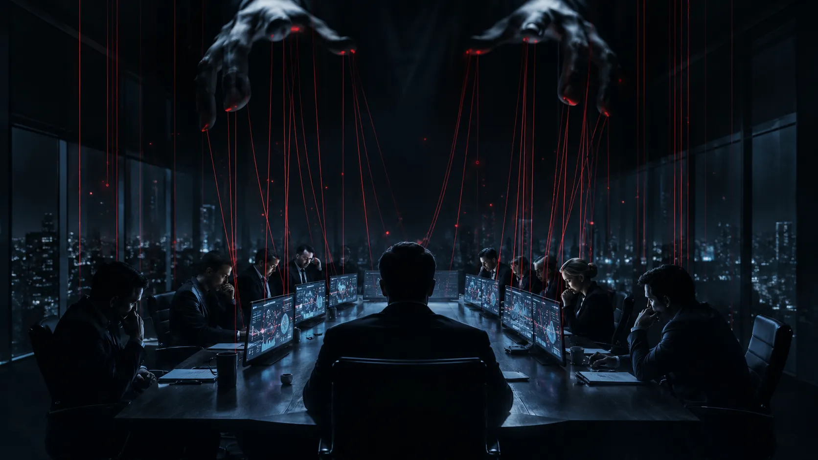 Shadowy boardroom with managers under red puppet strings, suggesting AI-amplified management control.