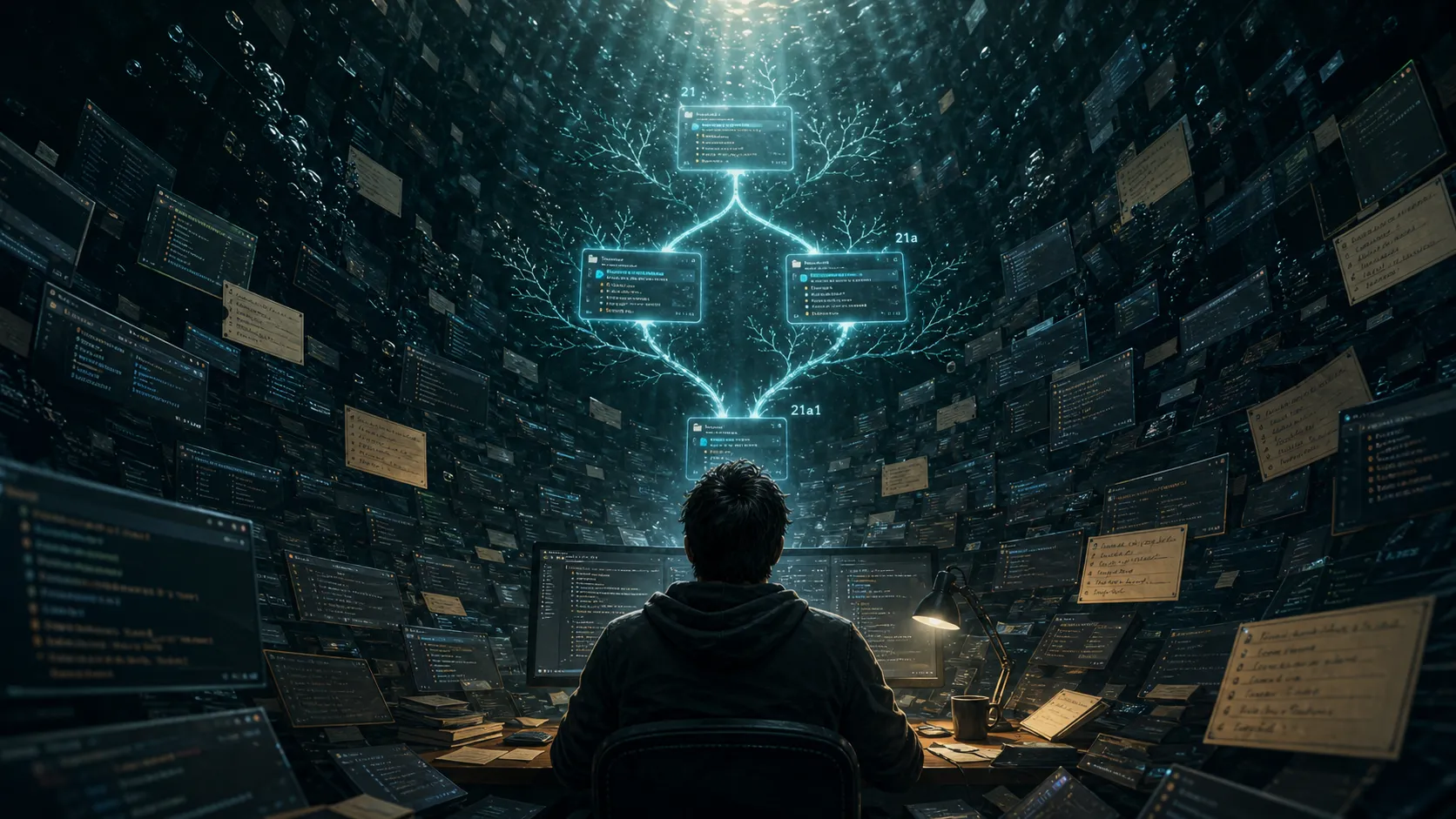 A developer surrounded by countless agent-session windows, with related sessions forming a glowing branching tree.