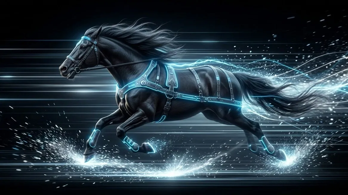 A black horse wearing a glowing technological harness, running at high speed.