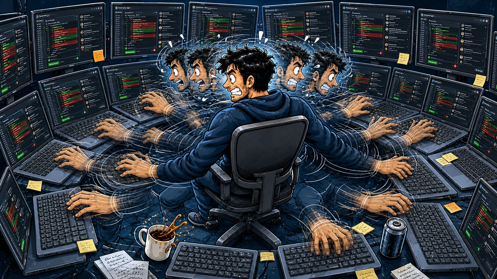 Ilustração de um desenvolvedor cercado por telas de pull requests, com imagens sobrepostas da cabeça, braços e mãos indicando movimento acelerado.
